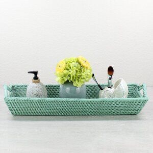 NEW Long Large Tight Woven Rattan Tray with Handles, Sage Leaf